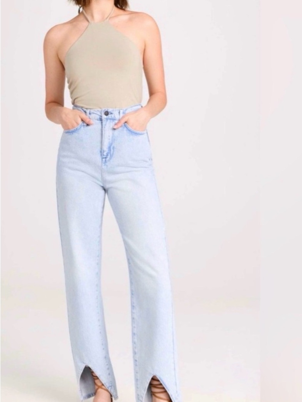 Light Blue High-Rise Flared Jeans with Front Slit
